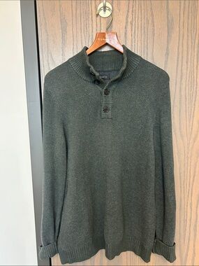 Vince Dark Olive Green Zip-Style Button Mock-Neck Sweater